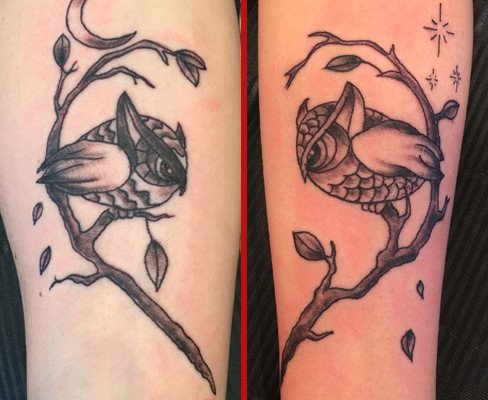 couples tattoos owls reds tattoo colchester essex