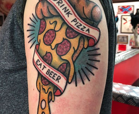 Tattoo, Best Tattoo, Colchester, Essex, Tattoo art, Tattoo Artist, Tattoos, Tattoo design, Top Tattoo, reds tattoo, anna kowacka, essex tattoo, colchester, tattoo ideas, colour, colour tattoo, pizza, pizza tattoo, drink beer, eat pizza