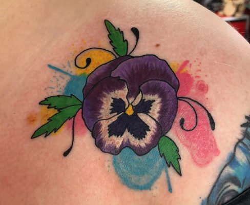 Tattoo, Best Tattoo, Colchester, Essex, Tattoo art, Tattoo Artist, Tattoos, Tattoo design, Top Tattoo, reds tattoo, anna kowacka, essex tattoo, colchester, tattoo ideas, watercolour, water colour, watercolour tattoo, pansy, pansy flower, flower tattoo