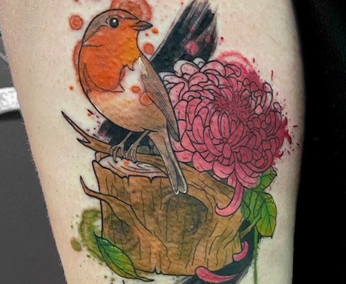 Tattoo, tat, ink, body art, Colchester, essex, best rated tattoo, top artist, best artist, tattoo Colchester, Colchester tattoo, essex tattoo, tattoo essex, recommended tattoo studio, tattoo studio, cheap tattoo, good tattoo, tattoo art, ink, inked, reds tattoo, reds tattoo parlour, reds, reds tattoo studio, high street studio, anna kowacka, female tattoo artist, female artist, tattooartist, tattooed, watercolour, watercolor, watercolour tattoo, paint style, paint, paint style tattoo, splatter tattoo, watercolour splash, art, art style tattoo, arty, sketchy tattoo, illustrative tattoo, illustration tattoo, sketch tattoo, thigh, thigh tattoo, leg, leg tattoo, memorial, memorial tattoo, nan, nan tattoo, robin, robin tattoo, bird, bird tattoo, flower, flower tattoo, chrysanthemum, chrysanthemum tattoo, leaf, leaf tattoo, animal, animal tattoo